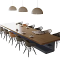 Long Wooden Dining Table With Chairs And Three Pendant Lights Above Teacups Newspaper On Top