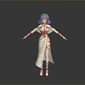 Cute Child With Pink Hair Wearing White Dress And Golden Details In Standing Pose