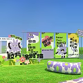 Bright Outdoor Space With Green Grass Purple Green Flower Patterned Cushions And Banners