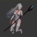 Fantasy Woman With Long White Hair In White Tight Outfit Holding Staff With Blue Accents