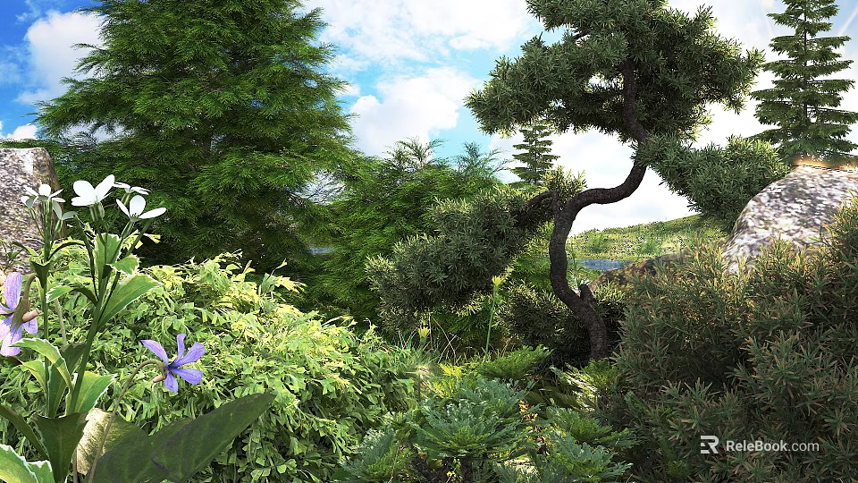 Lush Green Shrubs In Natural Garden Landscape With Flowers And Trees 3d model 