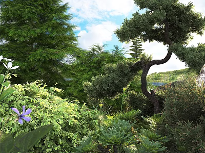 Lush Green Shrubs In Natural Garden Landscape With Flowers And Trees 3d model
