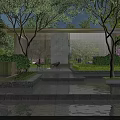 Modern Garden Landscape Design With Pavilion Greenery Purple Flowers Water Pool And Stone Platform Reflection