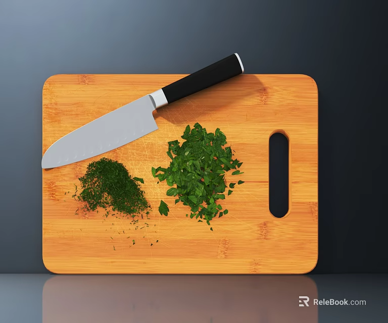 Wooden Cutting Board With Sharp Knife And Fresh Chopped Herbs 3d model 
