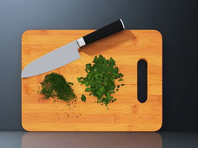 Wooden Cutting Board With Sharp Knife And Fresh Chopped Herbs 3d model