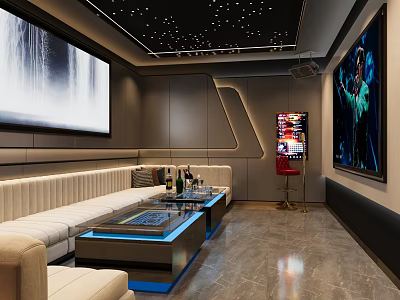 Modern KTV Room Interior Design With Starry Ceiling Large Screen Sofa And Coffee Table 3d model