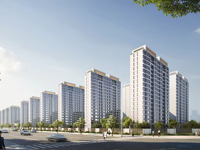 Multiple Modern High Rise Residential Buildings With Street Trees Cars And Pedestrians 3d model