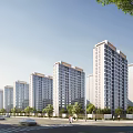 Multiple Modern High Rise Residential Buildings With Street Trees Cars And Pedestrians