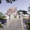 Stone Arch Landscape Bridge With Cherry Blossom Trees Green Vegetation And Sunset Sky