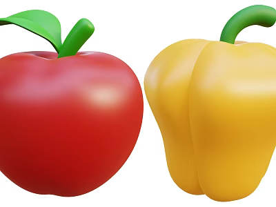 Vibrant Fresh Fruits Red Apple with Green Leaf and Yellow Bell Pepper with Green Stem 3d model