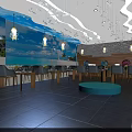 Blue Themed Restaurant Interior With Wavy Ceiling Round Windows And Blue Bar Counter