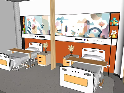 Modern Patient Room Interior With White Beds Nightstands And Colorful Wall Decor 3d model
