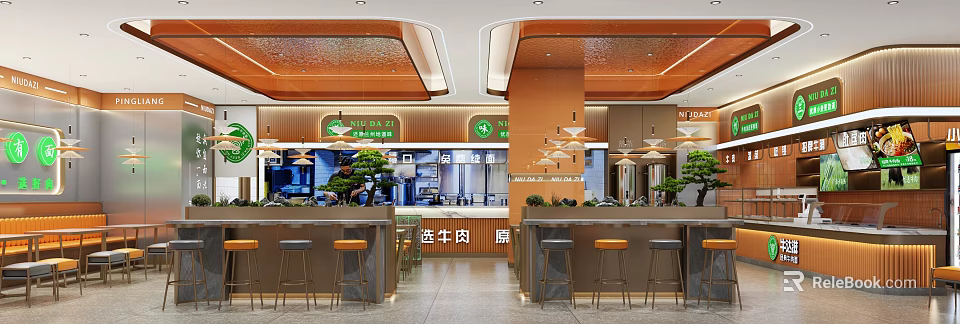 Modern Restaurant Interior With Beef Rice Noodle Bar Counter High Stools And Green Plants 3d model 