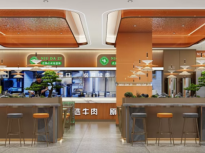 Modern Restaurant Interior With Beef Rice Noodle Bar Counter High Stools And Green Plants 3d model