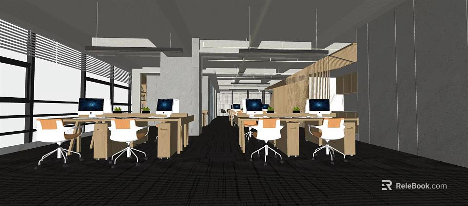Modern Public Office Space With Desks Computers White Chairs Large Windows And Dark Flooring 3d model