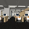 Modern Public Office Space With Desks Computers White Chairs Large Windows And Dark Flooring 3d model