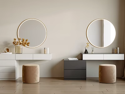 Modern Dressing Tables With Round Mirrors White Dark Gray Cabinets And Beige Stools 3d model
