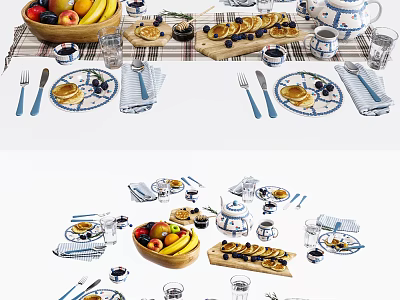 Stylish Brunch Dinnerware Set With Fruits Pancakes Blueberries Mugs And Napkins 3d model