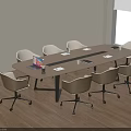 Modern Office Conference Table with Wooden Top Eight Ergonomic Beige Wheeled Chairs and Laptop Files