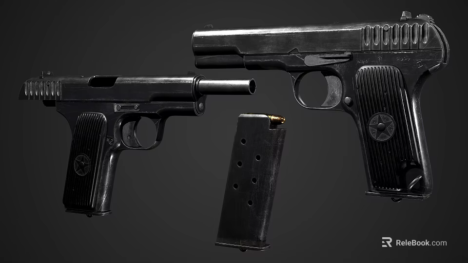 Classic Black Metal Pistols With Detachable Magazine Firearm Display Close Up 3d model 