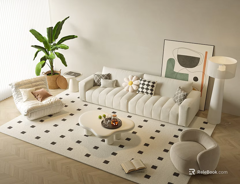 Modern Sofa and Coffee Table Set with Potted Plant Area Rug Armchair and Artwork 3d model 