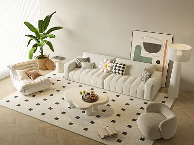 Modern Sofa and Coffee Table Set with Potted Plant Area Rug Armchair and Artwork 3d model