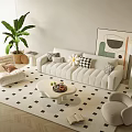 Modern Sofa and Coffee Table Set with Potted Plant Area Rug Armchair and Artwork