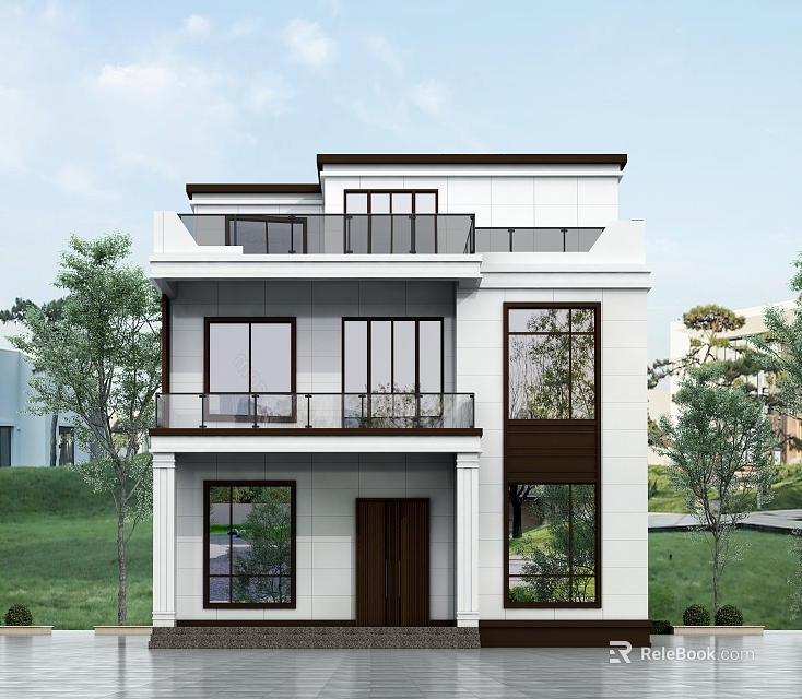 Modern Detached Villa Exterior Design With Two Story Balcony Large Windows And Wooden Door 3d model 