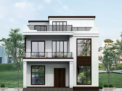 Modern Detached Villa Exterior Design With Two Story Balcony Large Windows And Wooden Door 3d model