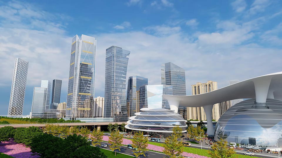 Modern Tall Office Buildings Featuring Glass Curtain Walls and Streamlined Design with Greenery and Roads 3d model 
