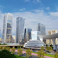 Modern Tall Office Buildings Featuring Glass Curtain Walls and Streamlined Design with Greenery and Roads