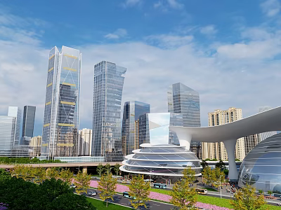Modern Tall Office Buildings Featuring Glass Curtain Walls and Streamlined Design with Greenery and Roads 3d model