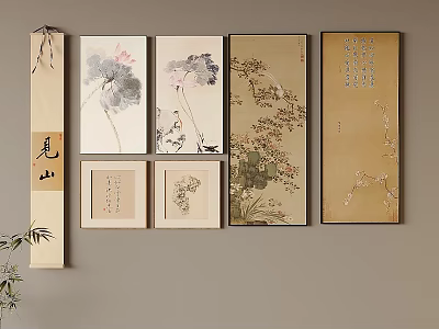 Chinese Traditional Landscape Paintings Scrolls And Framed Artworks With Lotus Birds And Calligraphy 3d model