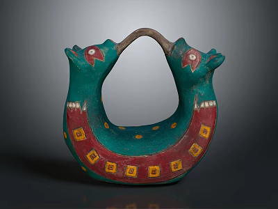 Ancient Ceramic Vessel With Double Head Design And Green Red Yellow Decorations 3d model