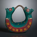 Ancient Ceramic Vessel With Double Head Design And Green Red Yellow Decorations