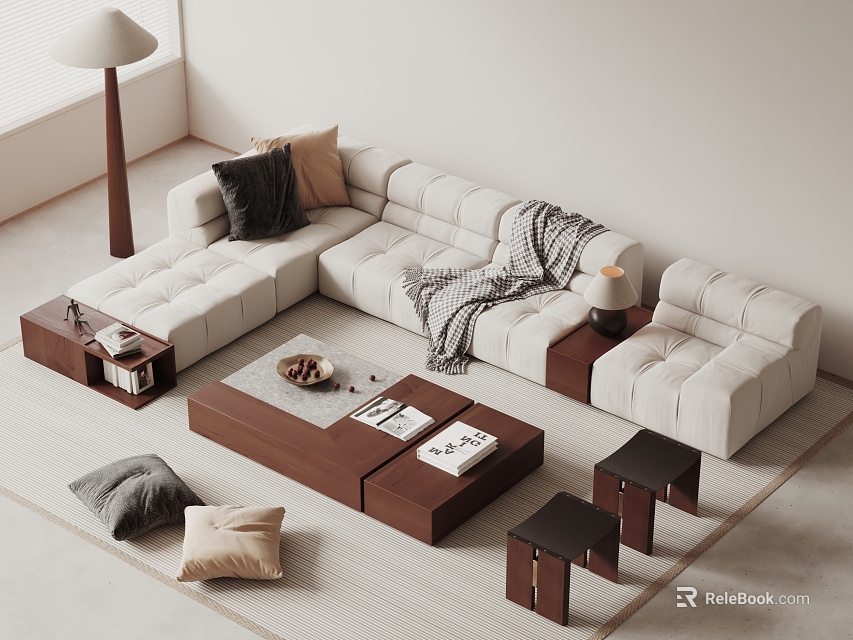 Modern Cream Sofa and Wooden Coffee Table Set with Throw Pillows Blanket and Side Stools 3d model 