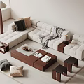 Sofa Coffee Table Combination Multi-person Corner Sofa Solid Wood Coffee Table Stool Pillow Floor Lamp Decorations 3d model