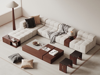 Sofa Coffee Table Combination Multi-person Corner Sofa Solid Wood Coffee Table Stool Pillow Floor Lamp Decorations 3d model