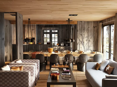 Rustic Dining Living Room Interior With Wooden Ceiling Walls Sofa And Dining Table 3d model
