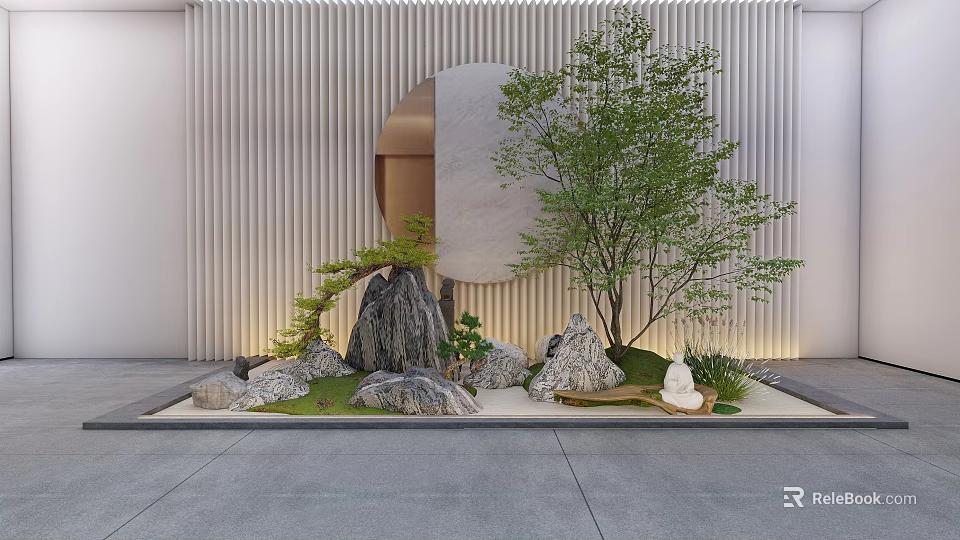 Modern Courtyard Garden with Vertical Striped Wall Circular Decoration Rockery Green Trees and White Statue 3d model 