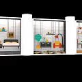 Window Display Featuring Bedroom Scene With Bed Bookshelf Clock Painting And Rug