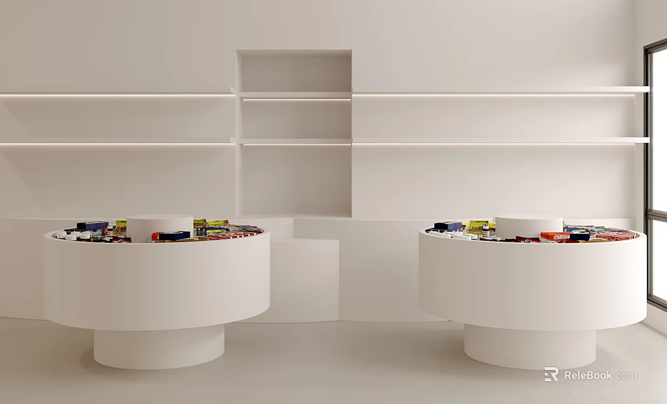 White Display Shelves with Round Platforms and Items Placed On Top 3d model 