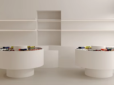 White Display Shelves with Round Platforms and Items Placed On Top 3d model