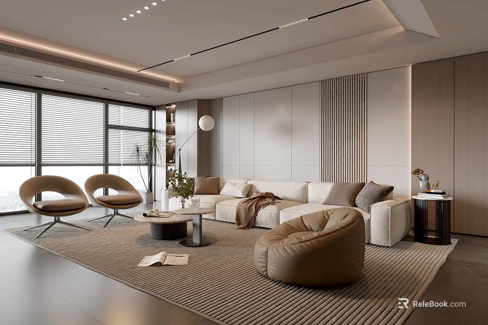 Modern Living Room Interior With White Sofa Beige Armchairs And Textured Wall Panels 3d model 