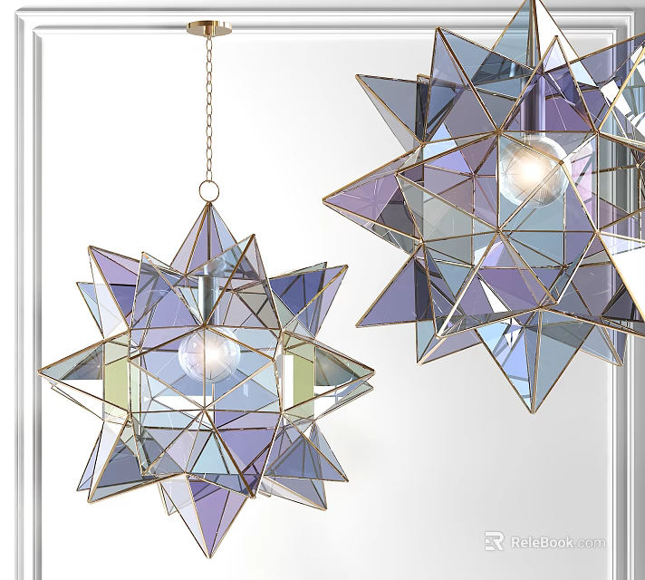 Modern Geometric Star Shaped Chandelier With Glass Panels And Metal Frame Illuminated 3d model 
