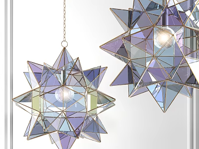 Modern Geometric Star Shaped Chandelier With Glass Panels And Metal Frame Illuminated 3d model