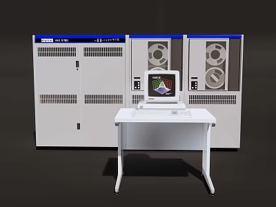 Computer System With Monitor On White Table And Equipment Cabinets 3d model