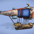 Vintage Steampunk Airship Featuring Wooden Metal Structure And Blue Hexagonal Patterns 3d model