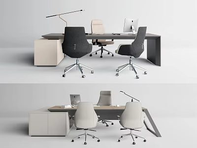 Modern Office Desk Interior Design With Ergonomic Chairs Task Lamp And Storage Cabinets 3d model