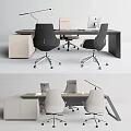 Modern Office Desk Interior Design With Ergonomic Chairs Task Lamp And Storage Cabinets 3d model